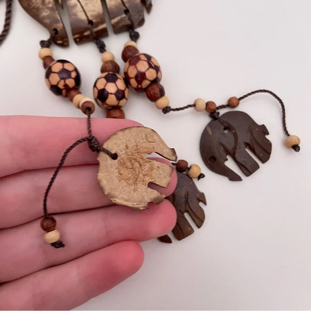 Vintage WOOD African Elephant Summer Boho Festival Maximalist Oversized Necklace - Picture 6 of 10